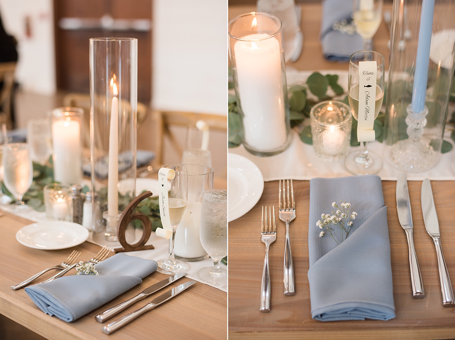 reception tablescape with farmhouse tables and blue linens