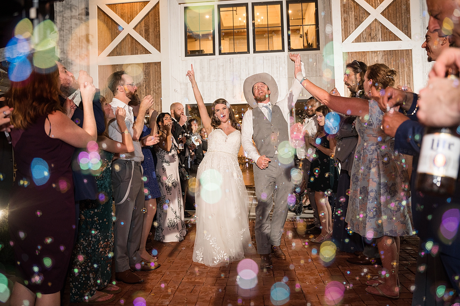 bride and groom bubble exit