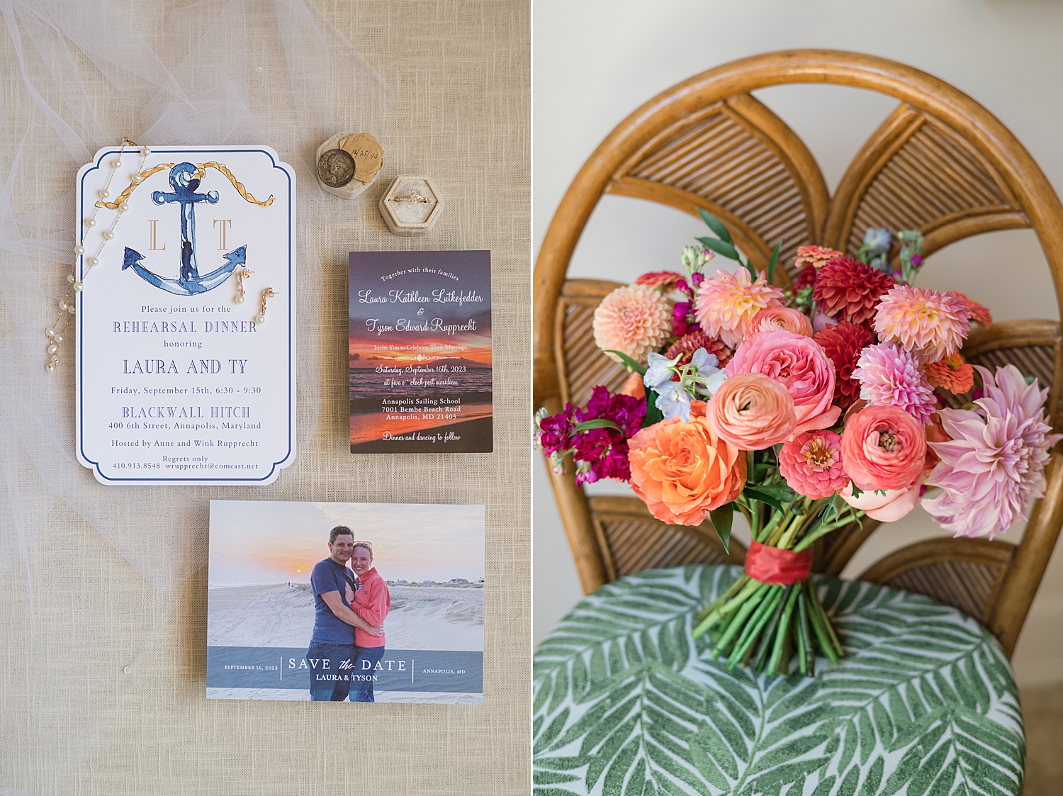 bridal details, blue invitations, colorful florals