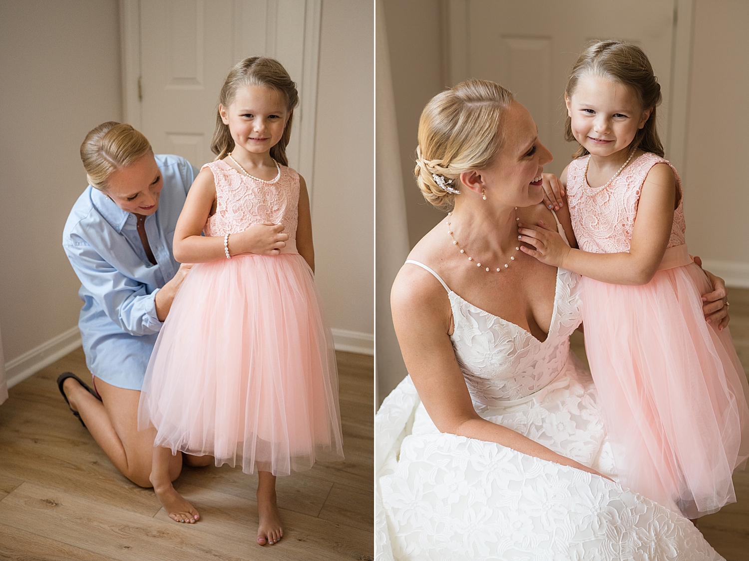 bride helping step daughter / flower girl get dressed