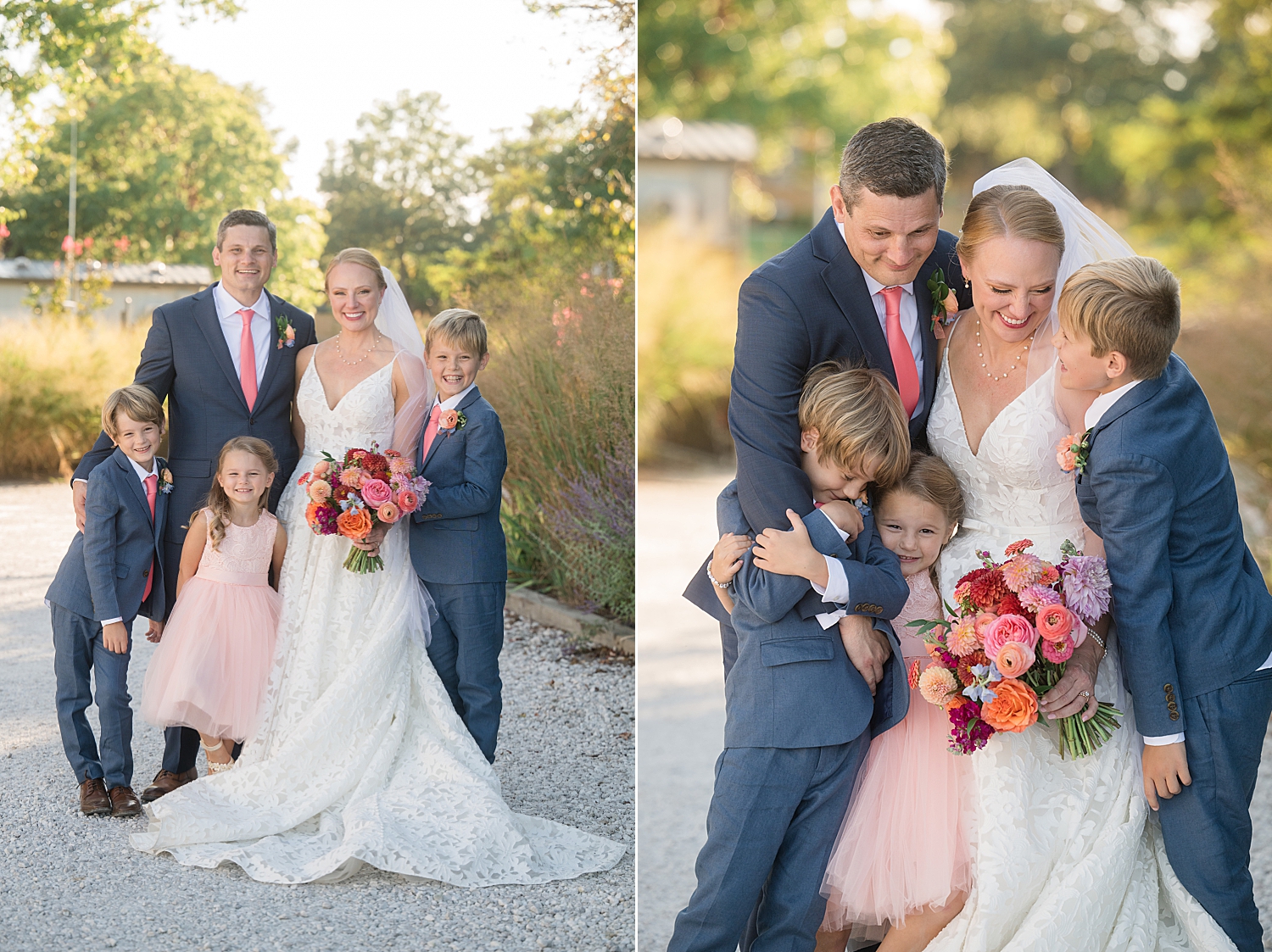 family portrait of bride and groom with kids