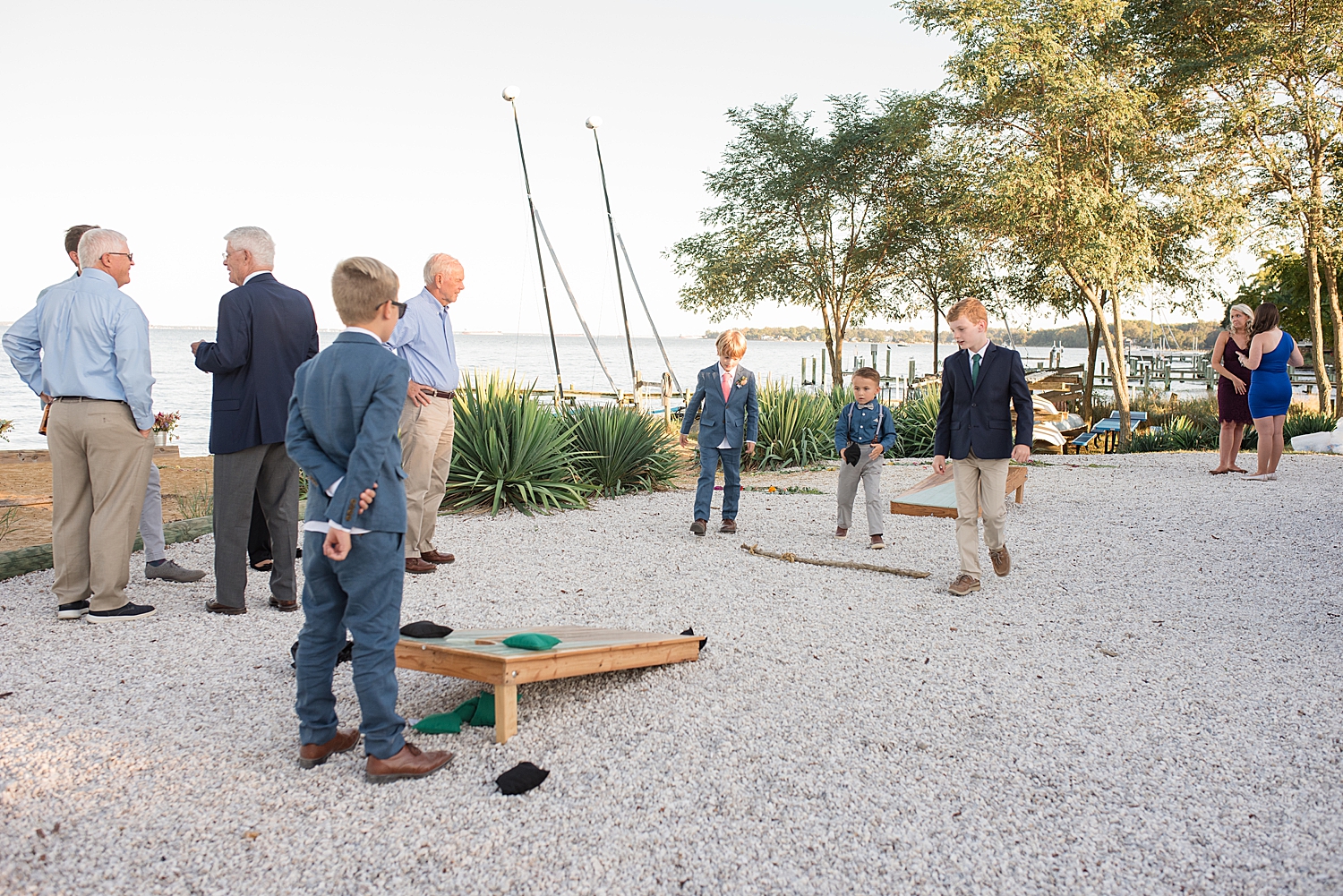 corn hole during cocktail hour on the sand