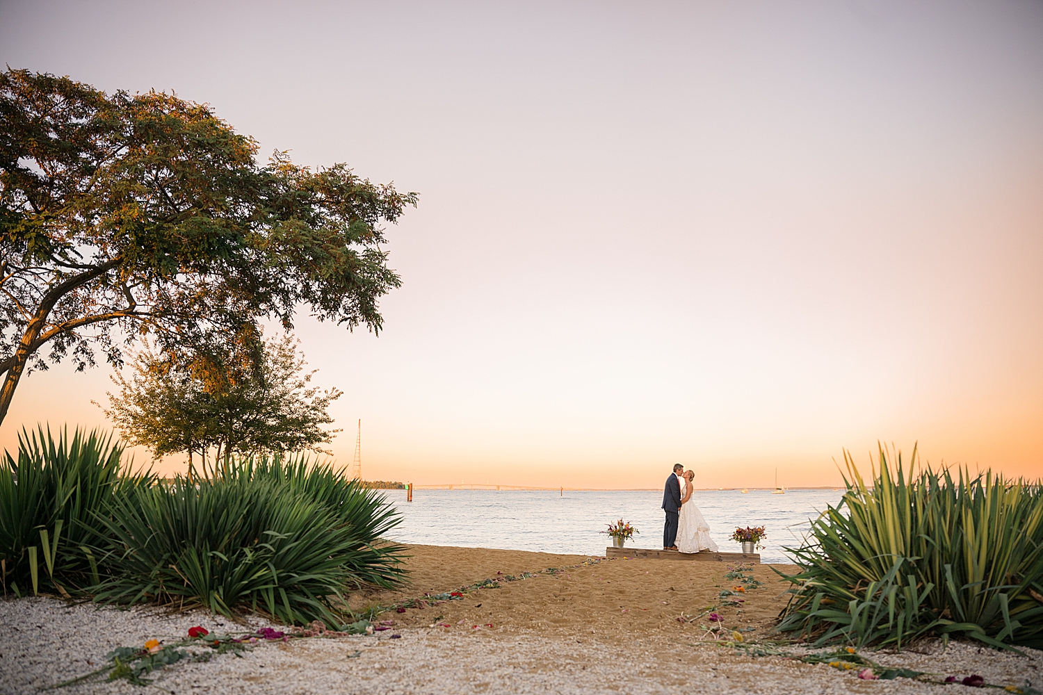 sunset portrait wide bride and groom