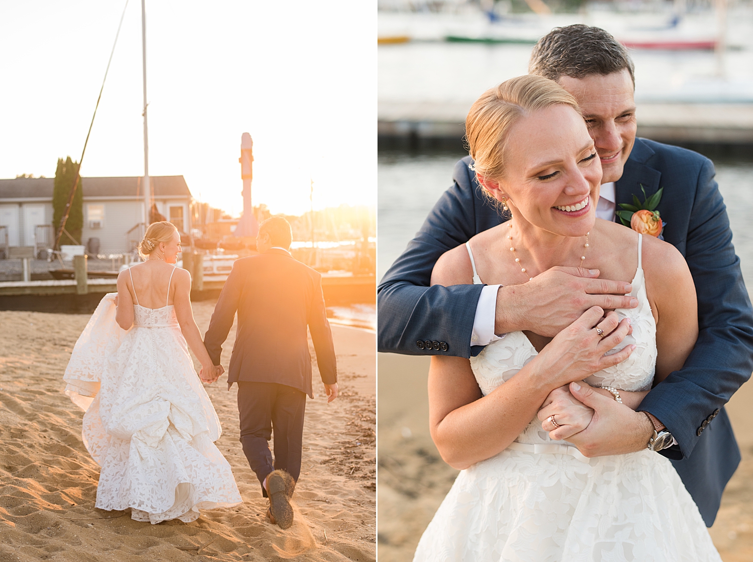 bride and groom embrace at sunset