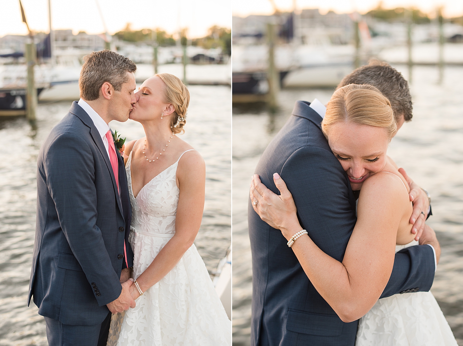 bride and groom embrace at sunset