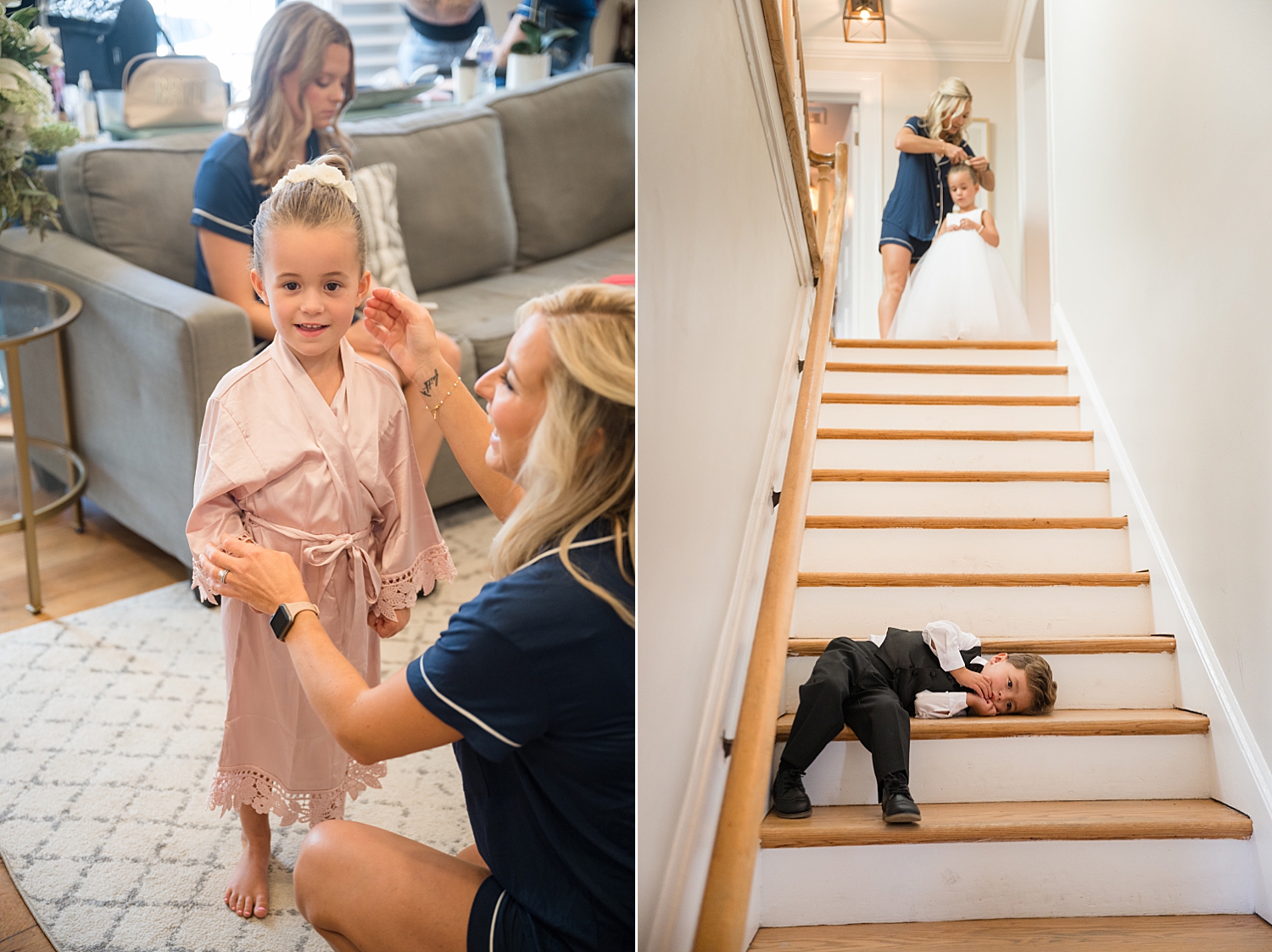 bride getting ready with flower girl