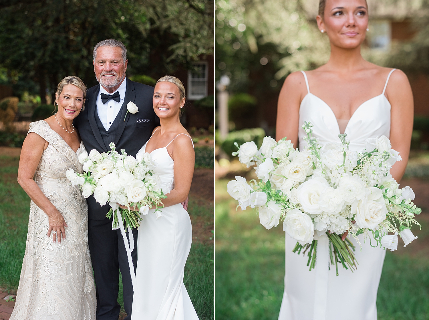 bride with parents, bouquet closeup