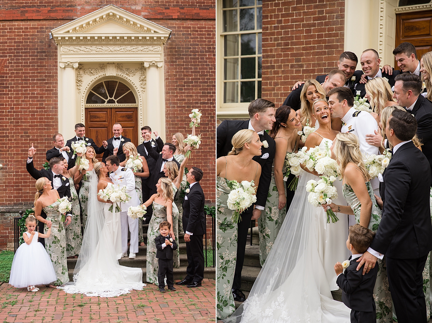 bride and groom celebrate with wedding party