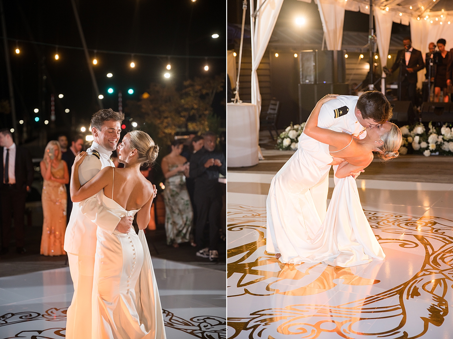 bride and groom first dance dip kiss