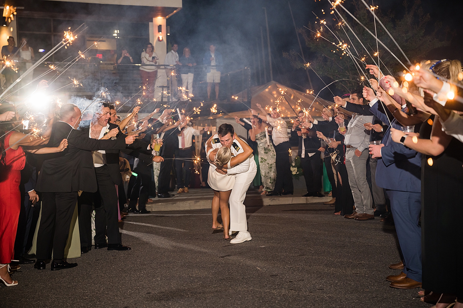 bride and groom sparkler exit, bride in short dress