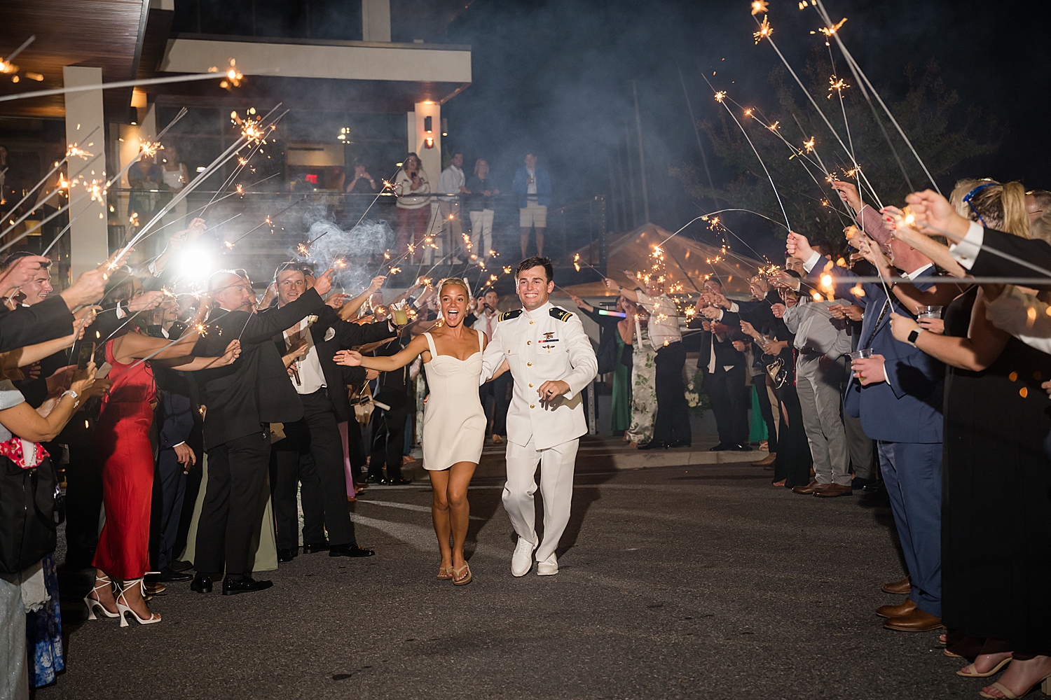 bride and groom sparkler exit, bride in short dress