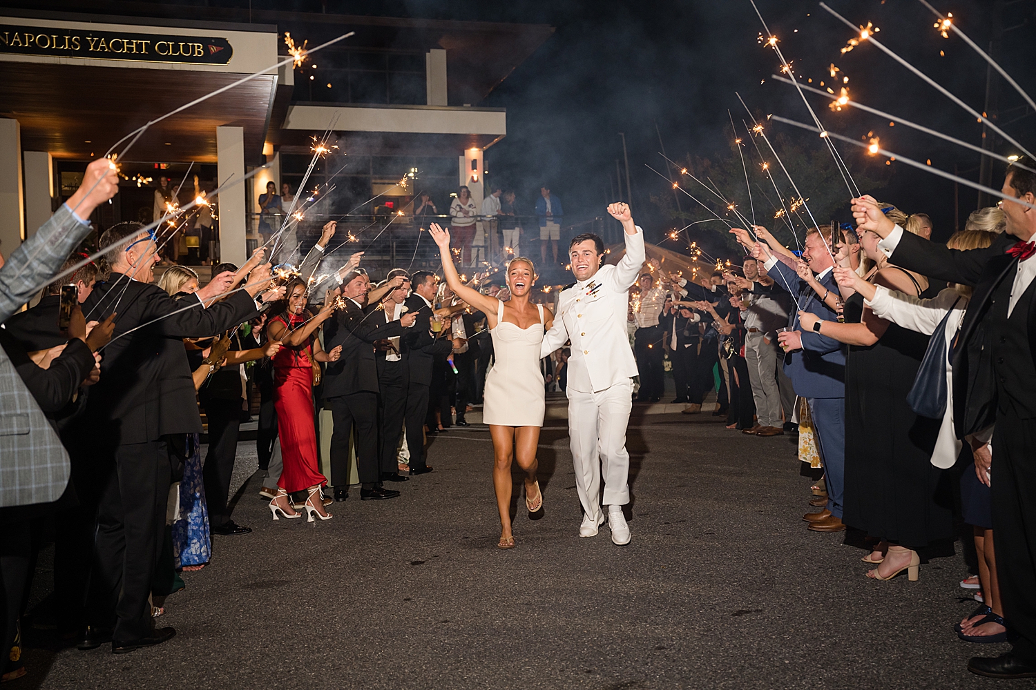 bride and groom sparkler exit, bride in short dress