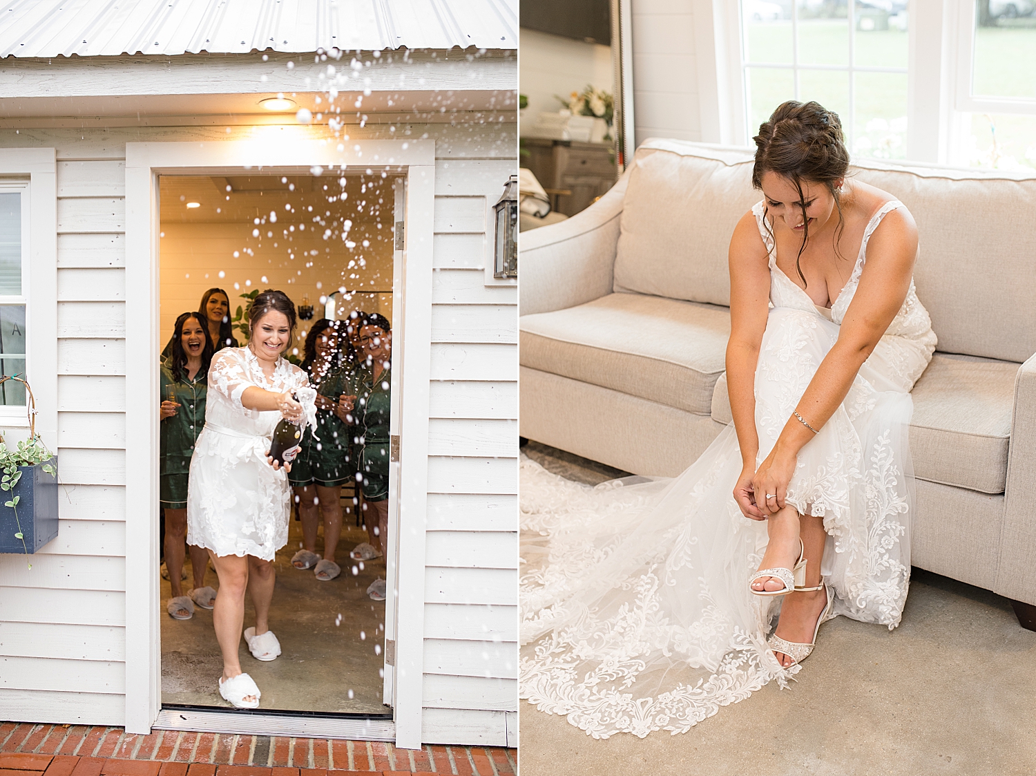 bride pops champagne, puts on shoes