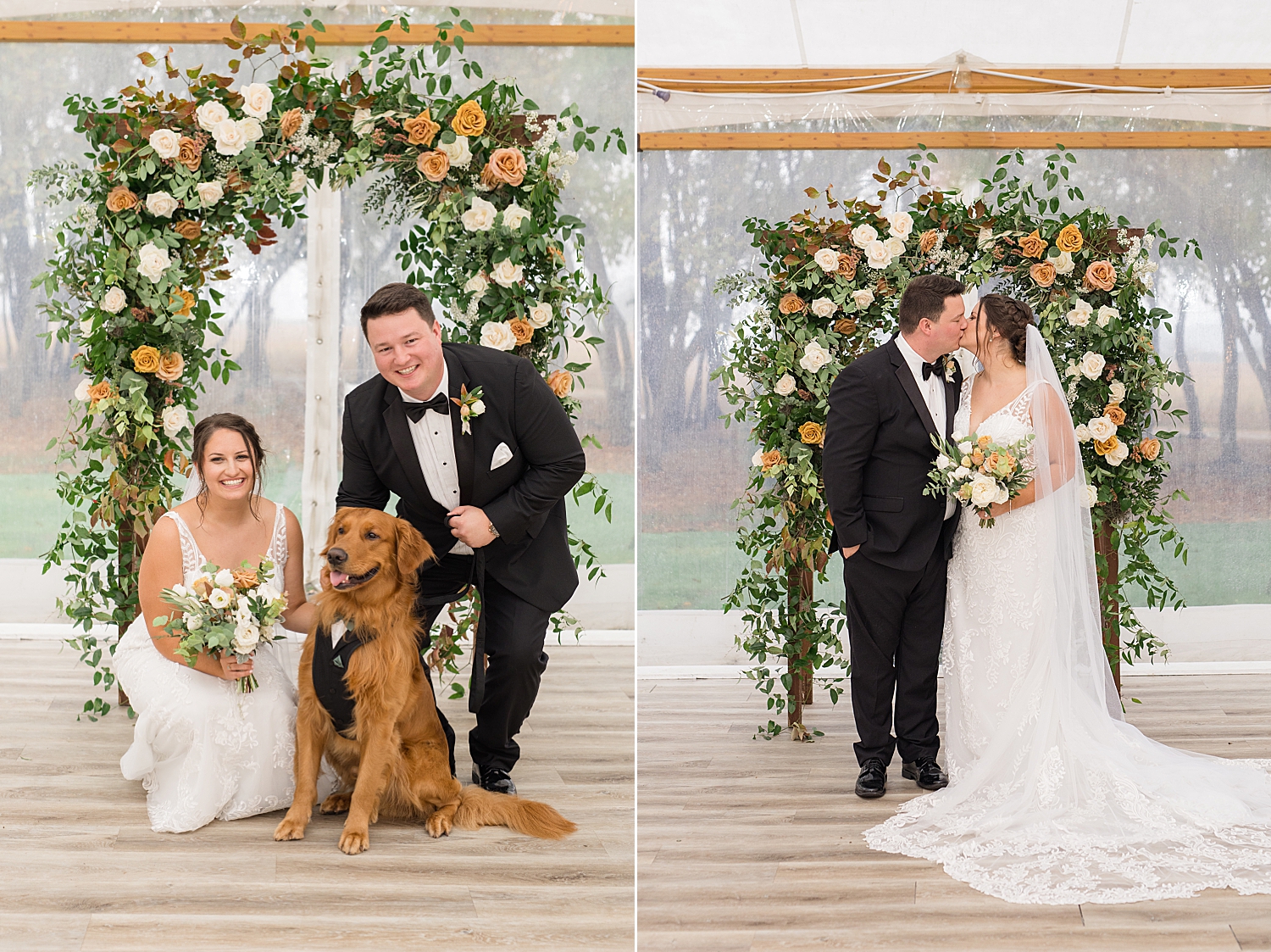 bride and groom portrait with dog, Bo