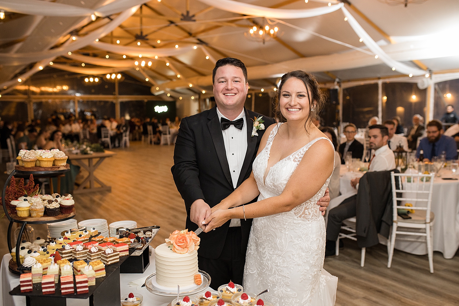 bride and groom cut the cake