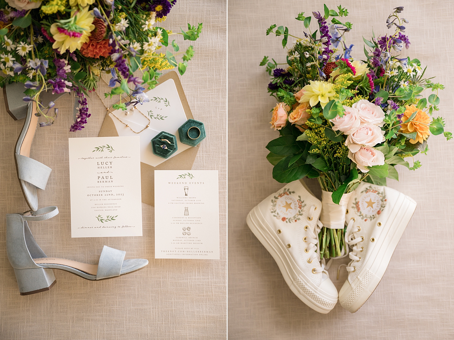 bridal details with invitation, custom converse, and florals