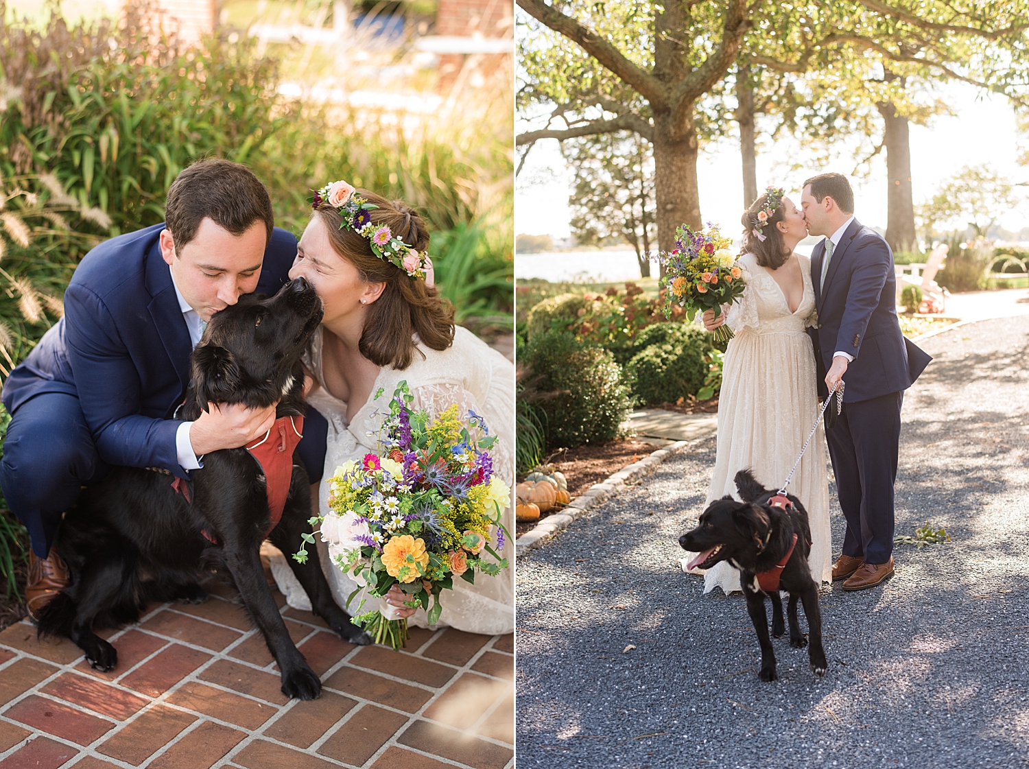 bride and groom portrait with pup