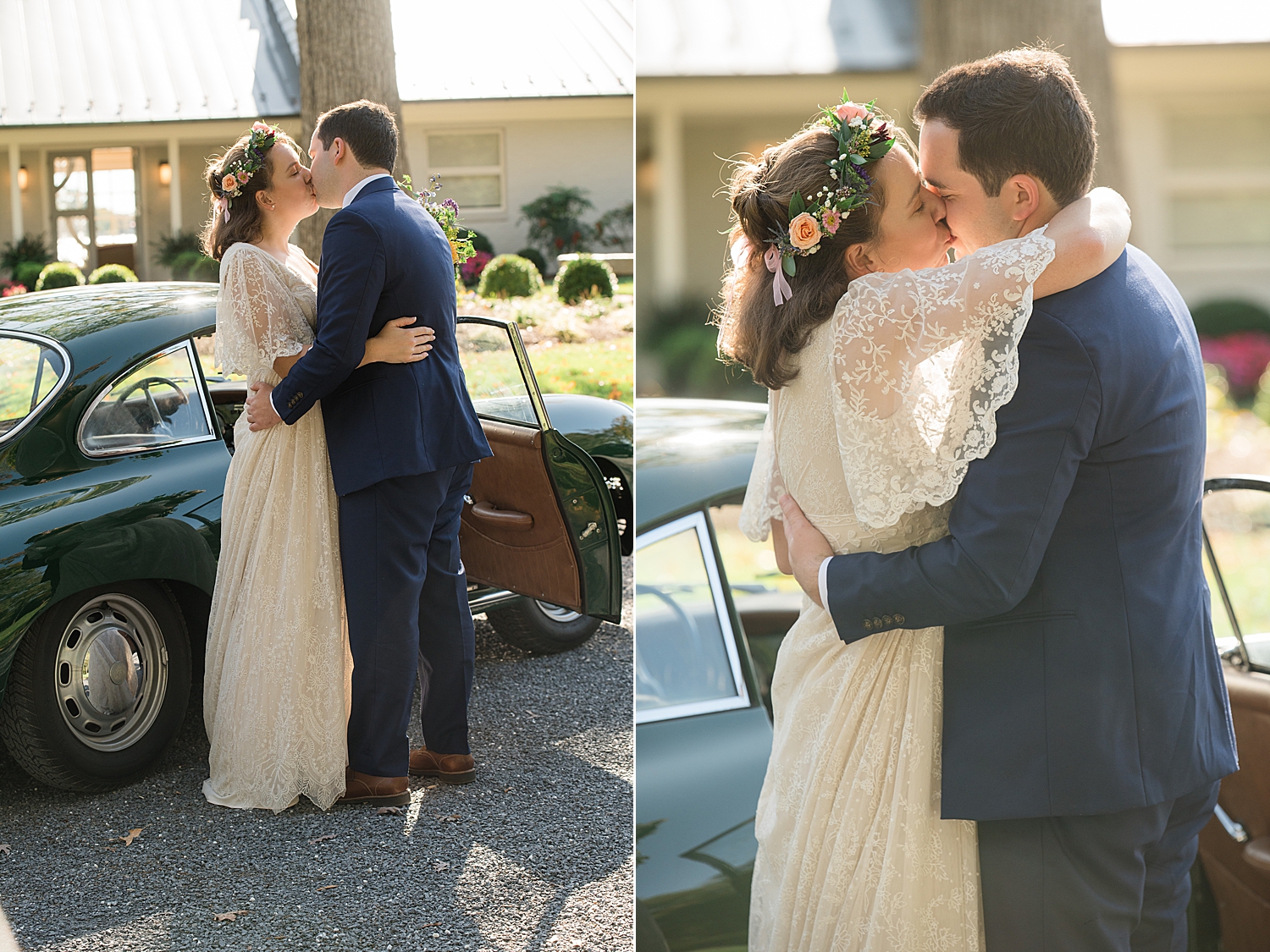 bride and groom kiss in front of green vintage car