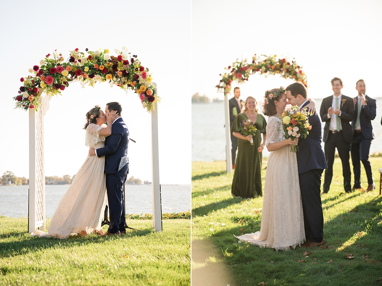 bride and groom first kiss