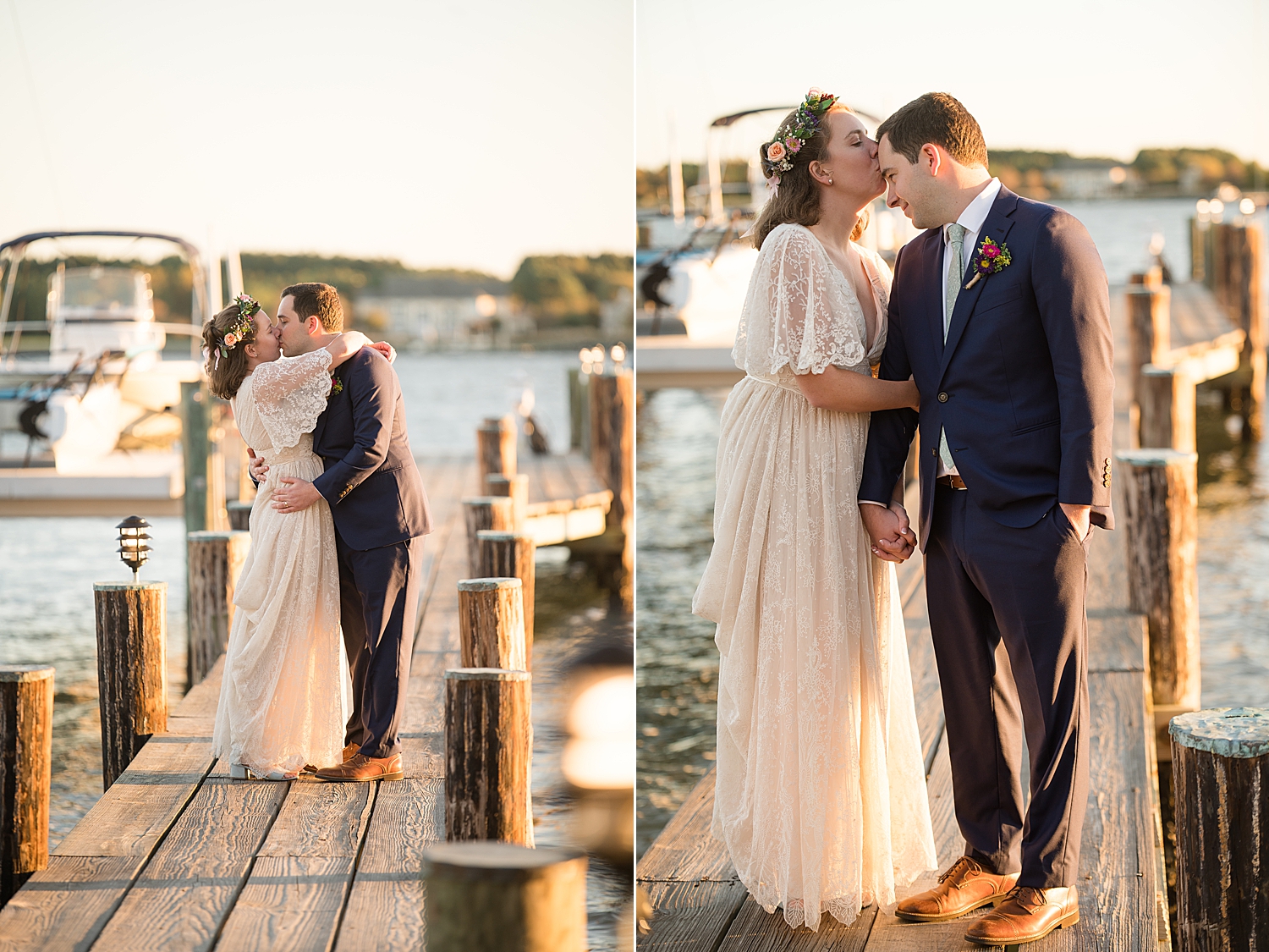 bride and groom kiss on pier