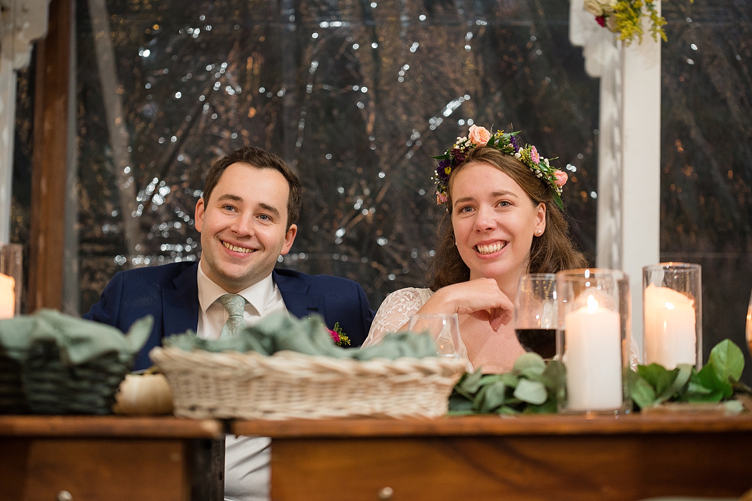 bride and groom react to toasts