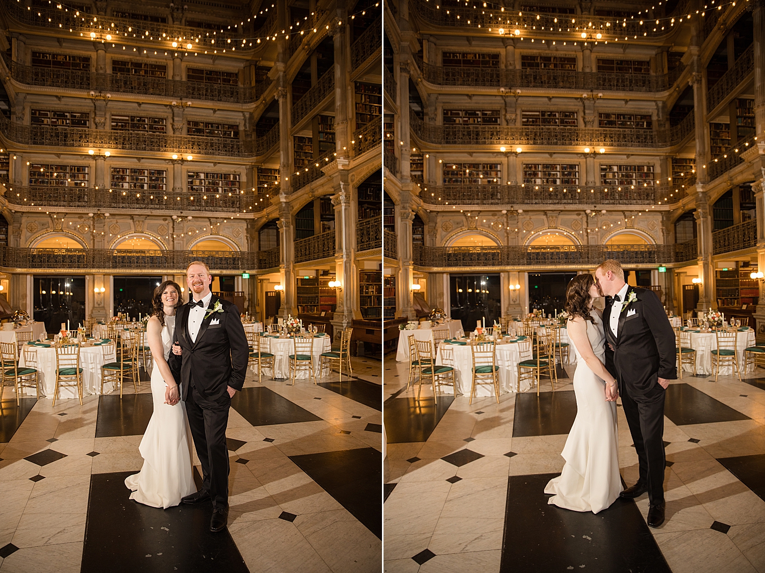 bride and groom portrait in peabody library baltimore