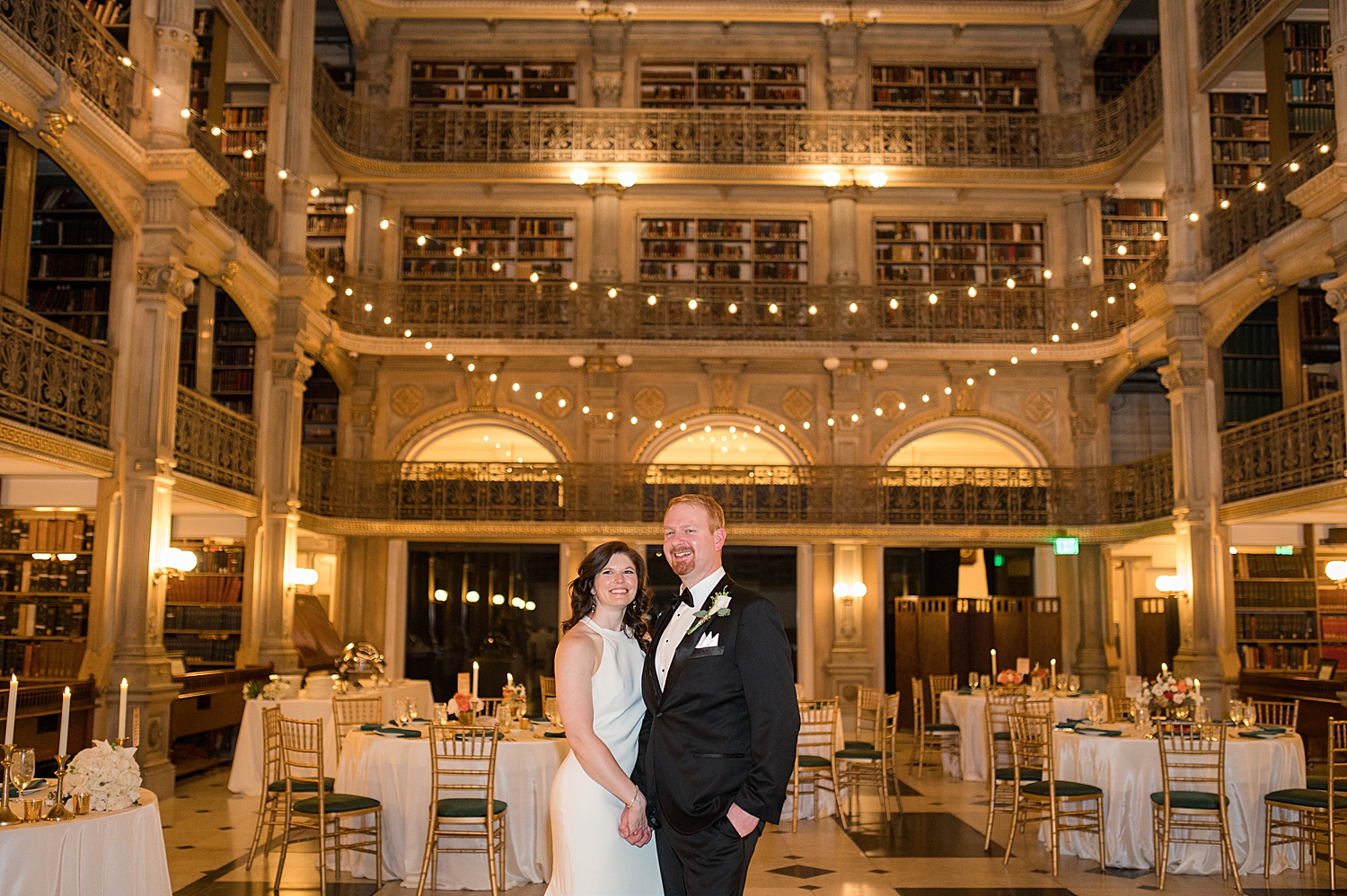 bride and groom portrait in peabody library baltimore