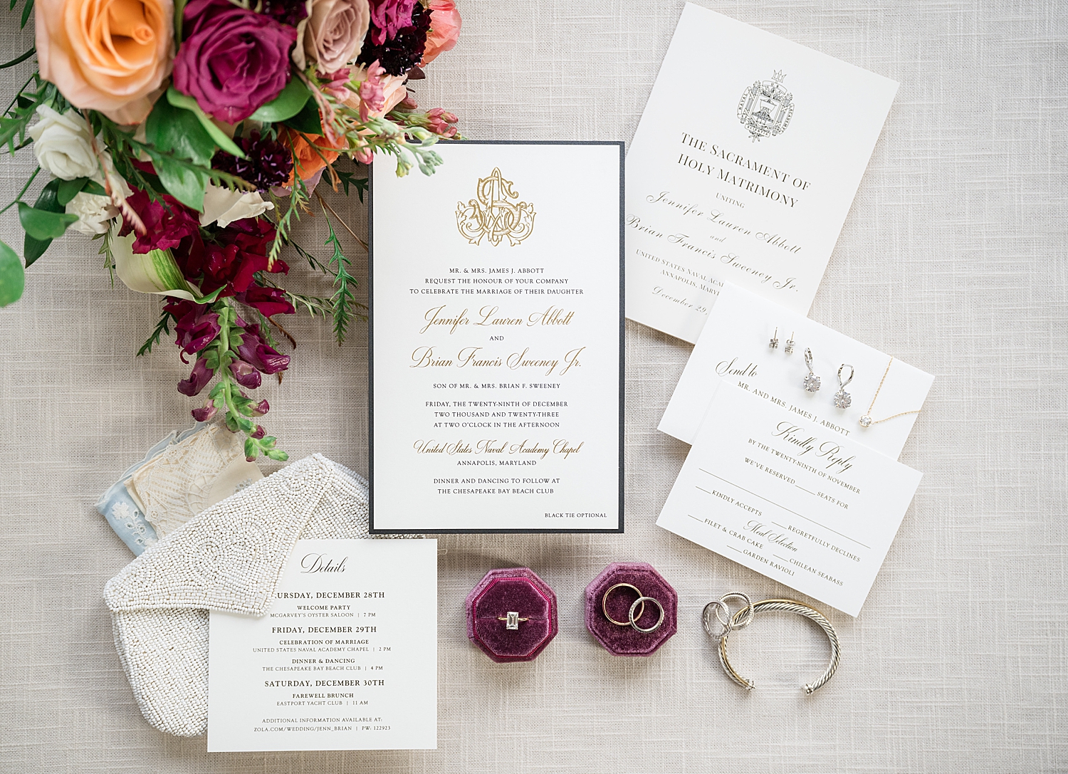 flat lay wedding details winter