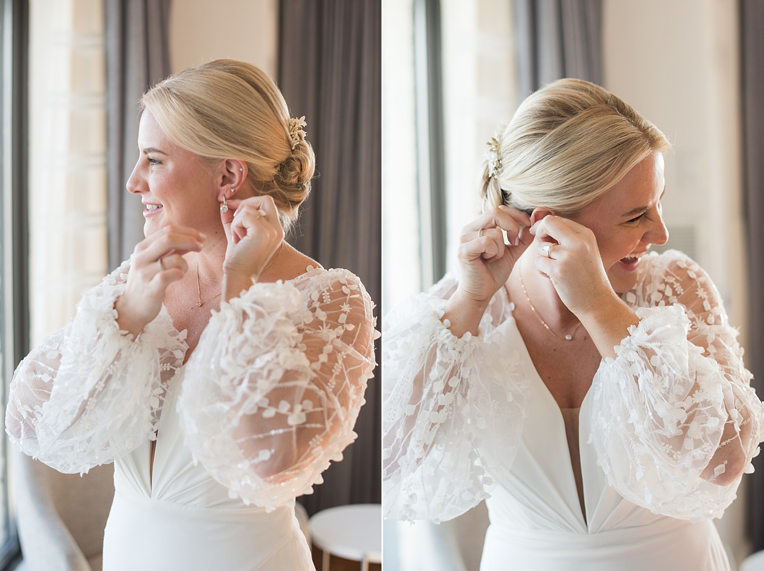 bride in textured sleeved gown dons earrings