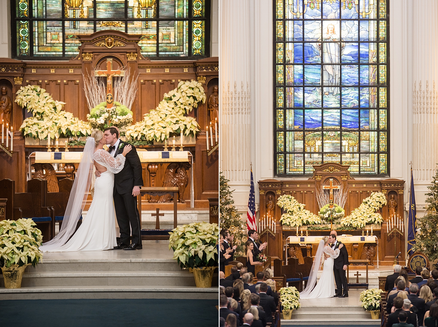 bride and groom first kiss during ceremony