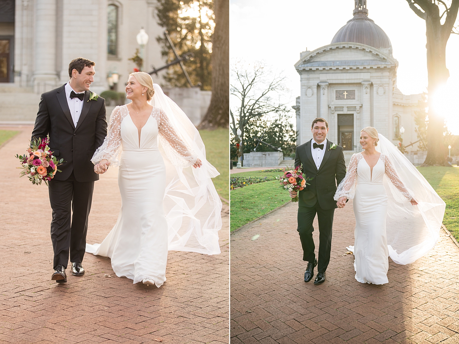 bride and groom portrait winter wedding usna chapel in background