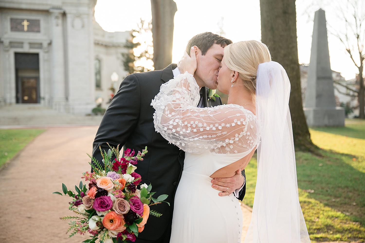 bride and groom portrait winter wedding kiss