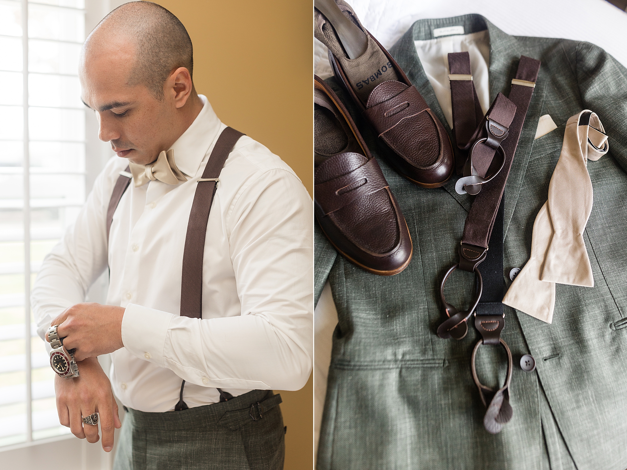grooms details suspenders and dark brown shoes