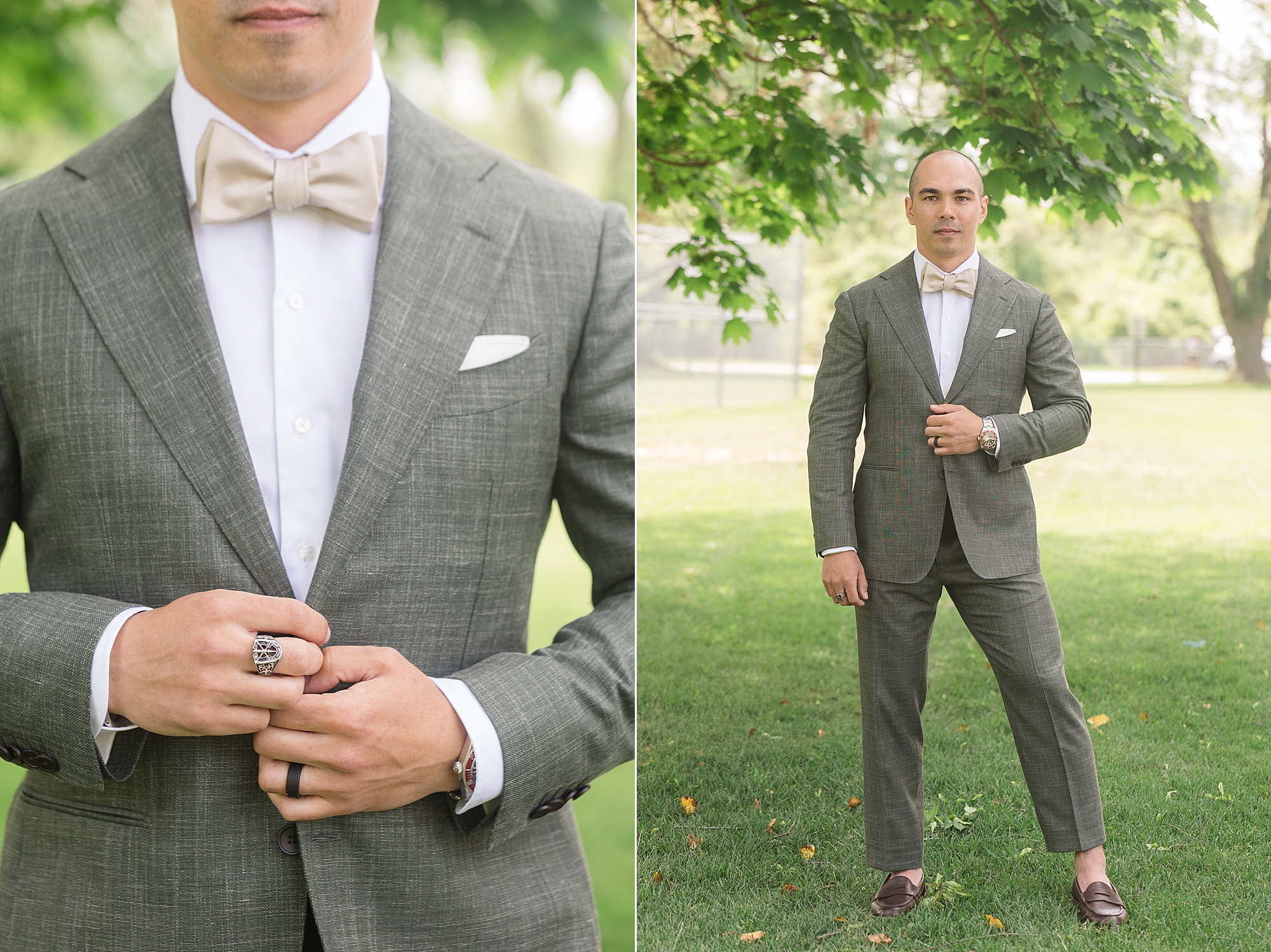 groom in grey suit tux with beige taupe bowtie