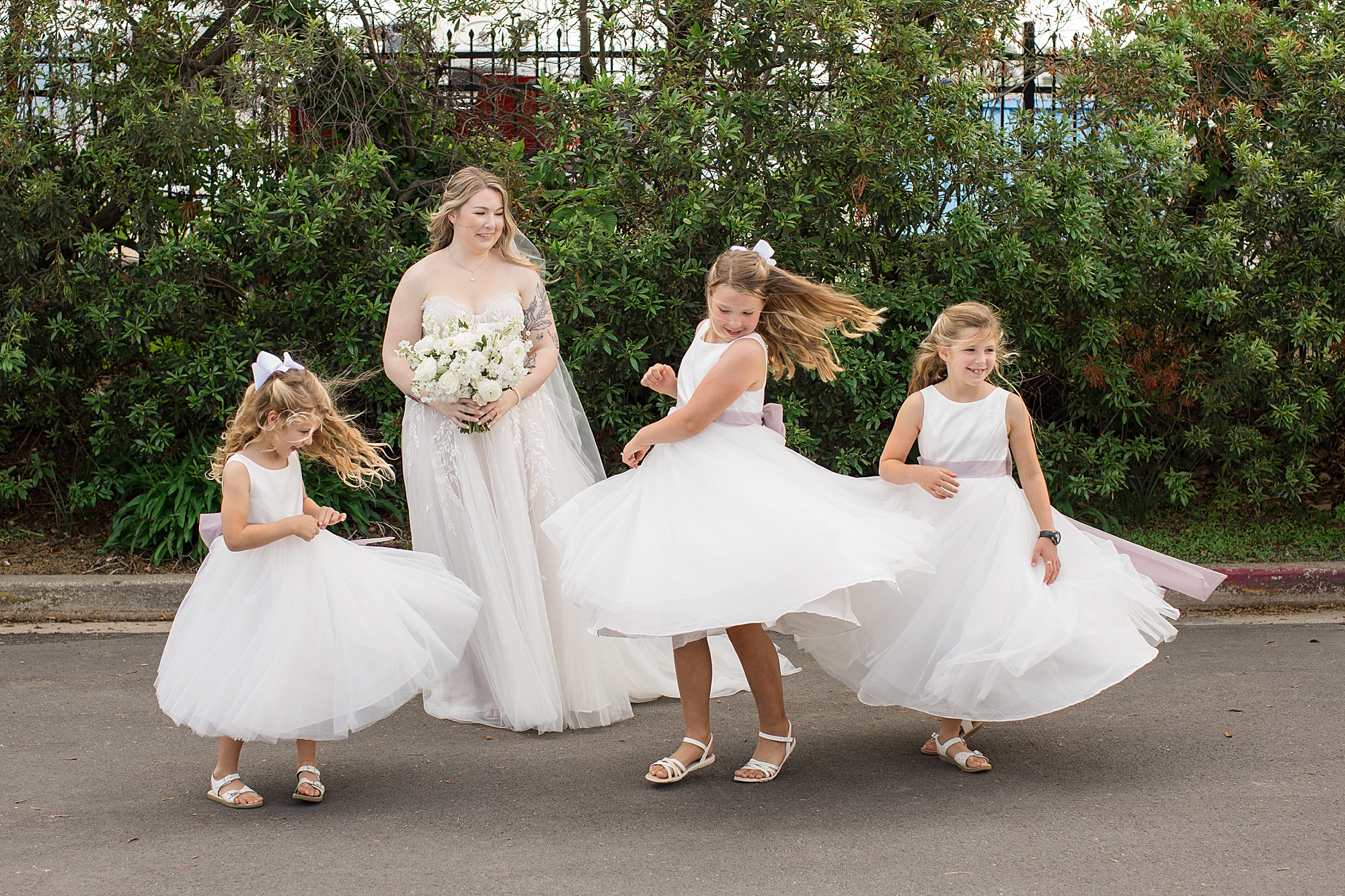 lilac bridesmaid dresses and soft cream blush peach florals
