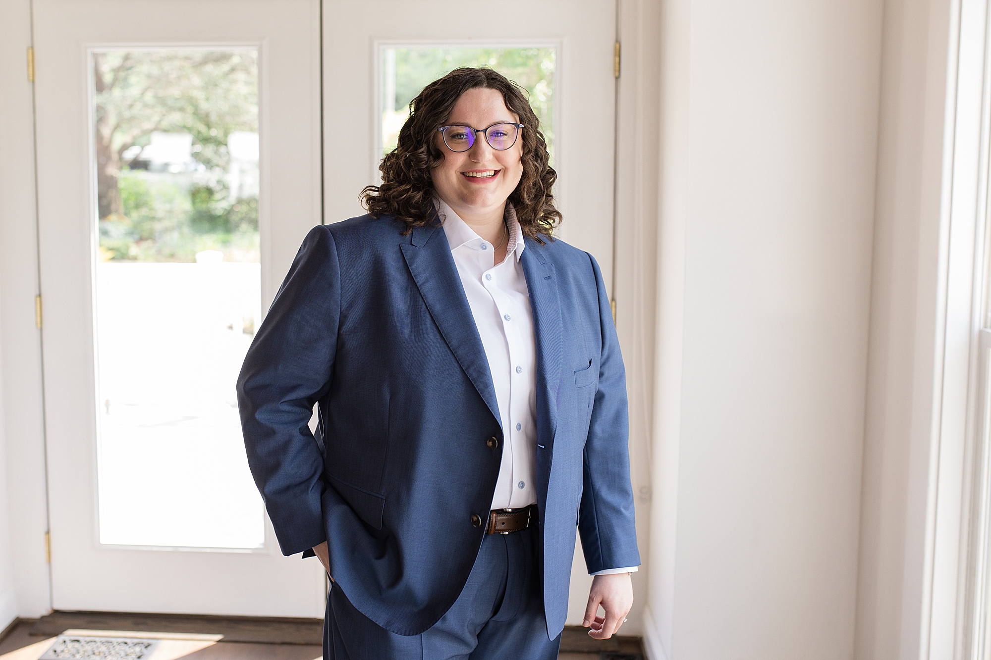 Navy bridal suit LGBTQ wedding