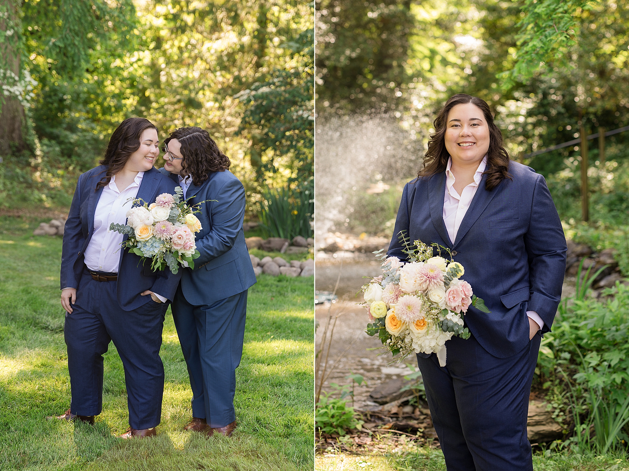 two navy suits and two floral bouquet wedding