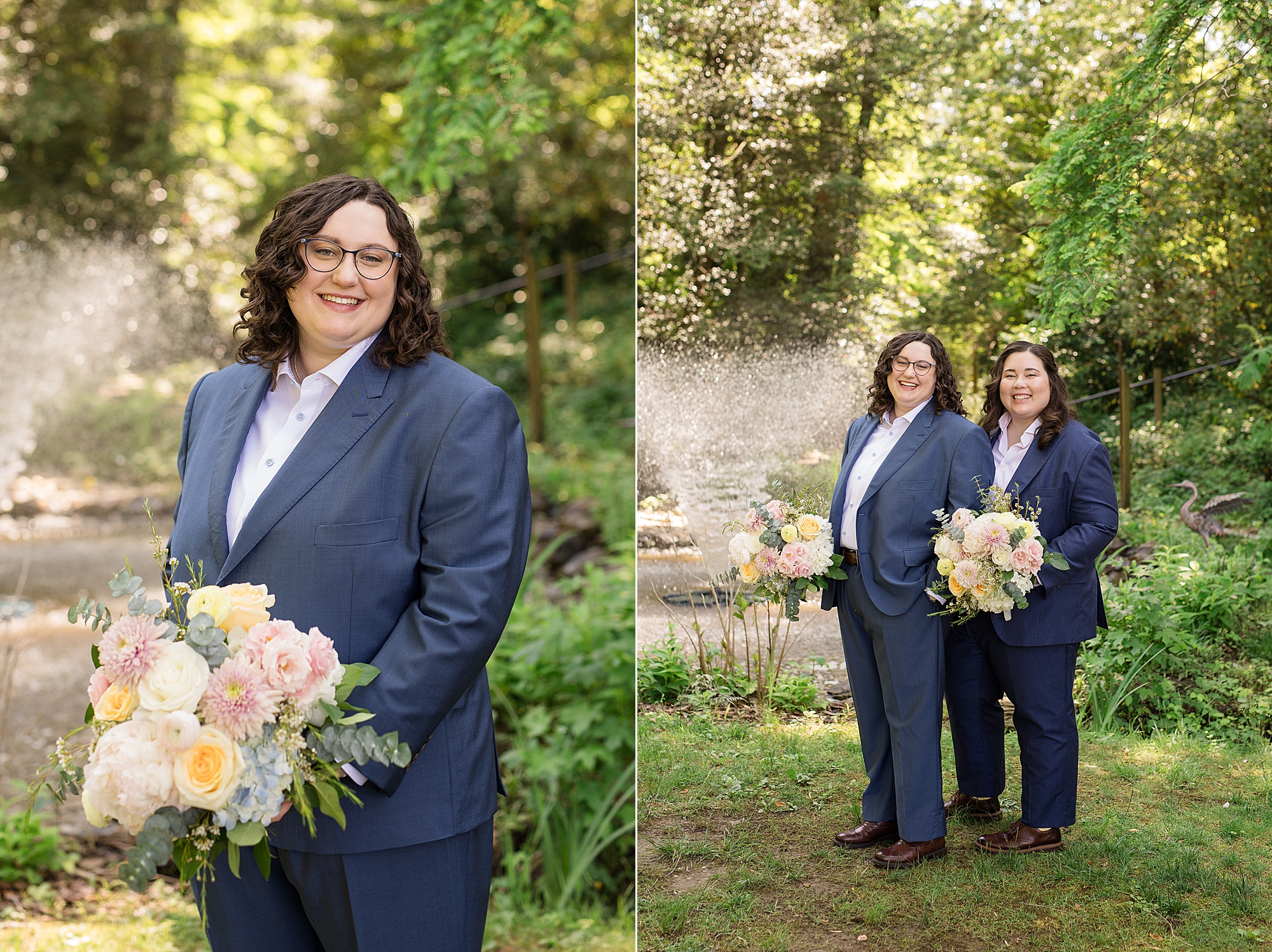 two brides in a navy suit with two soft pink cream peach wedding bouquet
